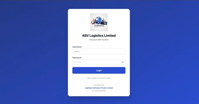 ABV Logistics Transport ERP Login Screen