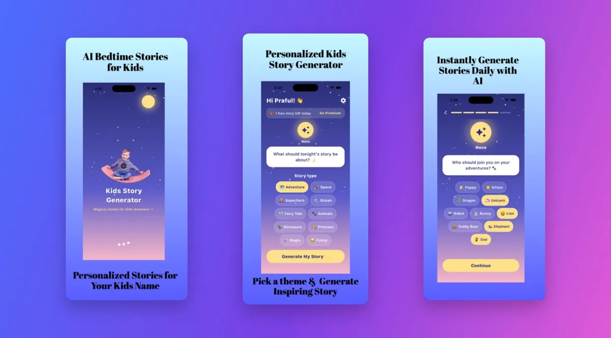 Kidzo AI kids story app screens