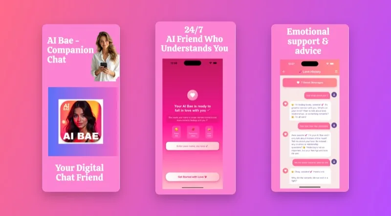 AI Bae conversational AI app screens